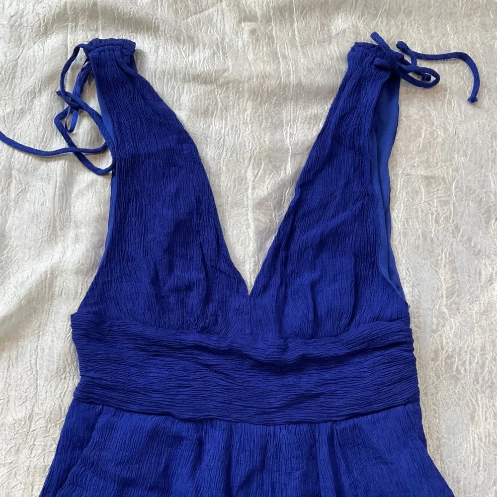 One Clothing Royal Blue Crinkle Plunging Romper Tie Shoulder Open Back Smocked M